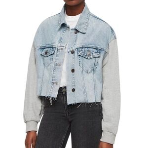 AllSaints Anders Mixed Media Cropped Denim Jacket, Blue / Heather Grey, XS/S
